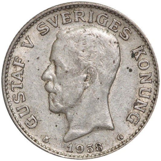 Szwecja 1 korona, srebro Ag800, 1938